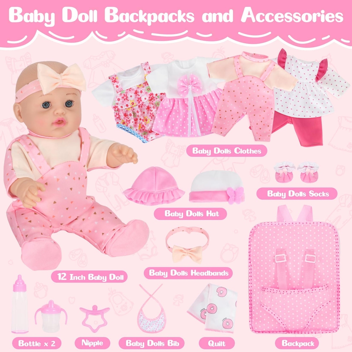 Mastom pink floral backpack keeps doll and accessories organized on the go.