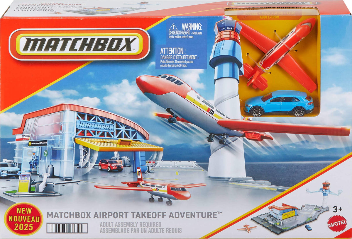 Matchbox Airport Takeoff Adventure Playset – 1:64 Die-Cast Audi e-tron & Plastic Plane, Takeoff & Landing