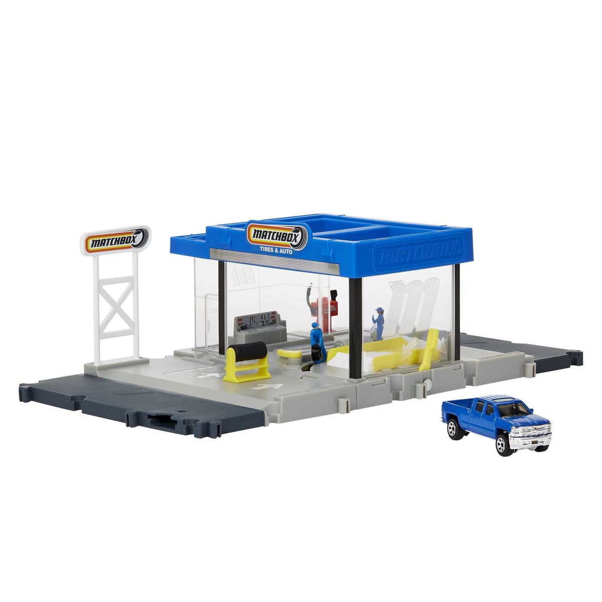 Matchbox Auto Shop with Chevy Silverado on platform for engine service play.