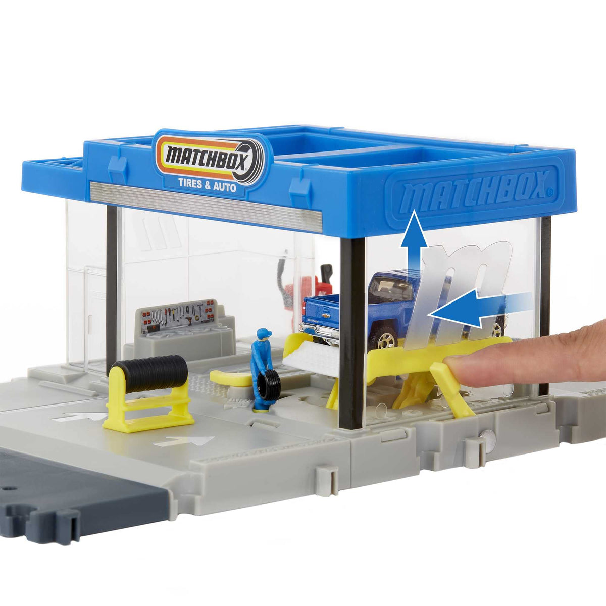 Matchbox Auto Shop launch sequence sends serviced vehicles back into play.