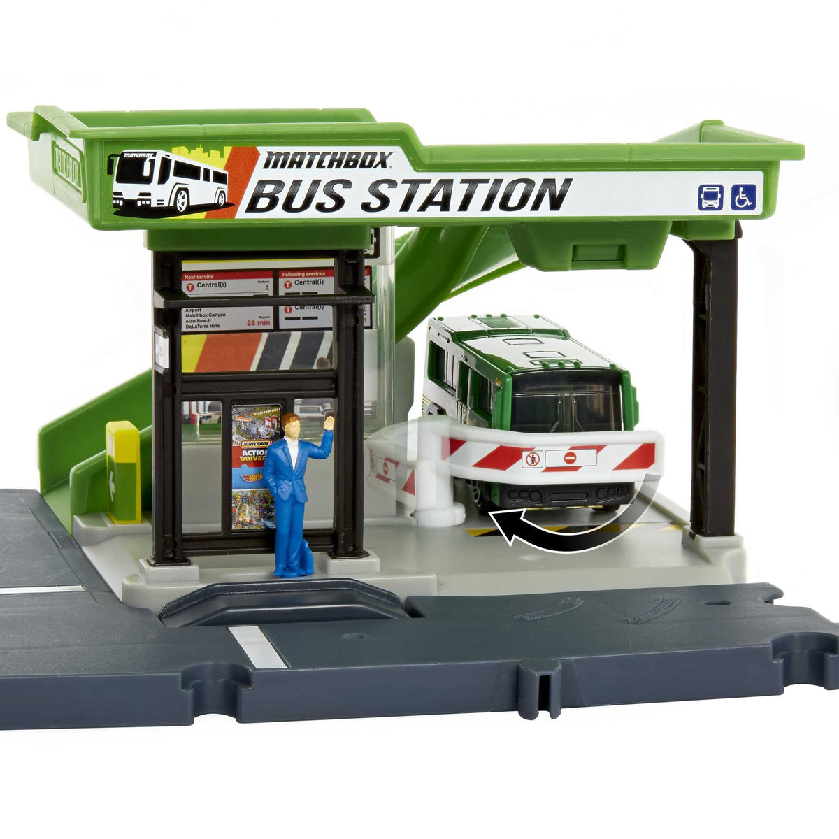 Matchbox Bus Station loading hose adds realistic charging action.
