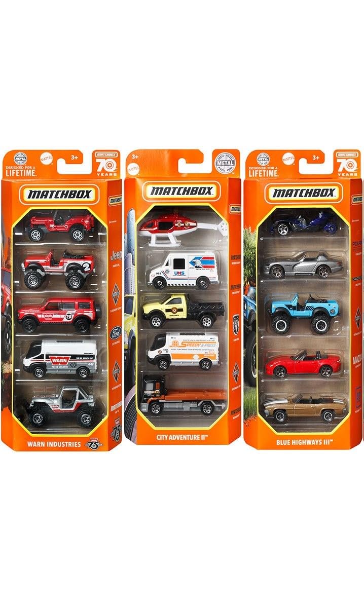 Matchbox detailed metal-bodied die-cast vehicles highlighted for realism and durability.