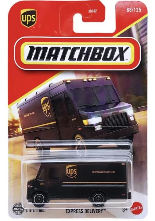Matchbox Express Parcel Delivery Truck in gold and brown for imaginative play and collector display.