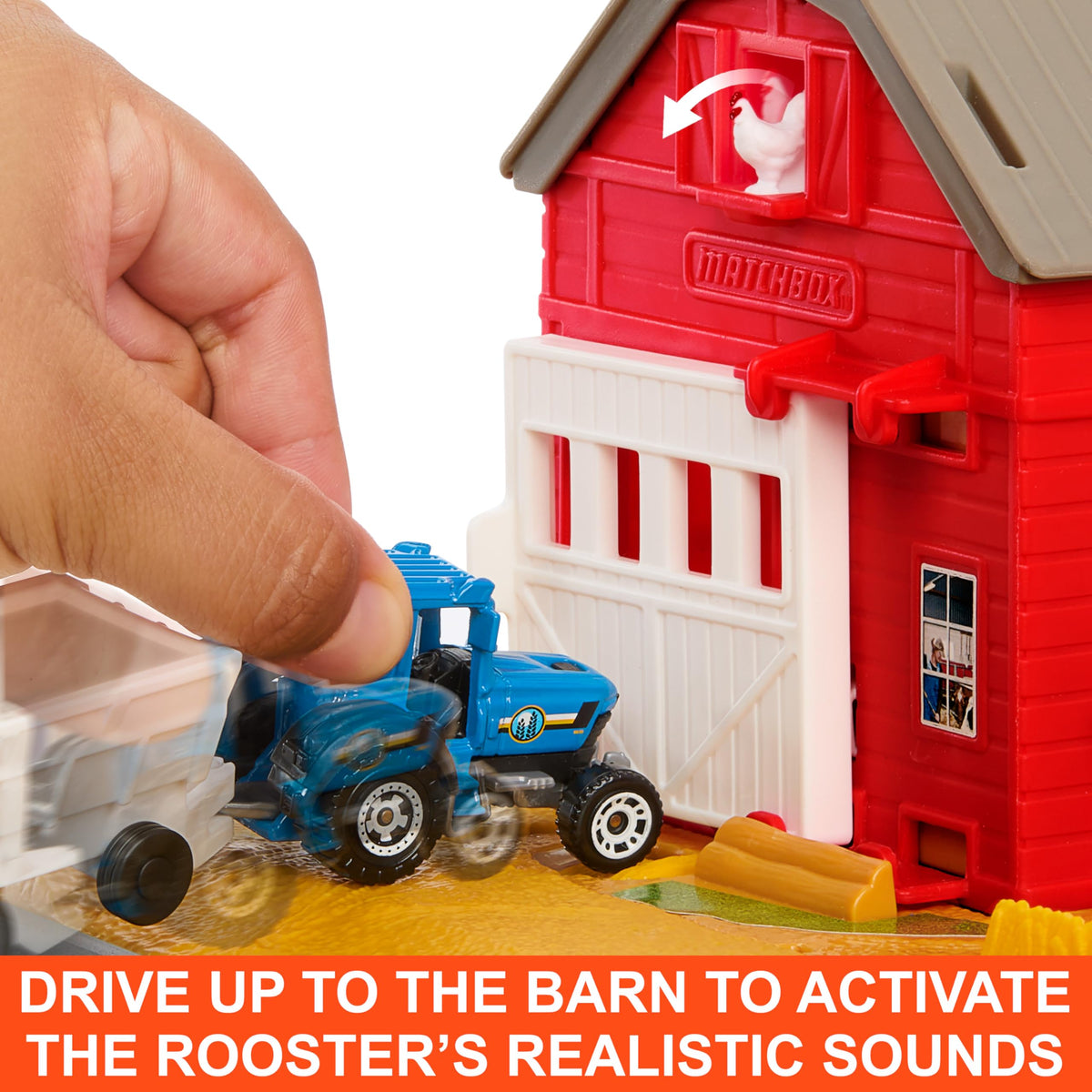 Matchbox Farm Adventure rooster sound feature enhances farm storytelling.