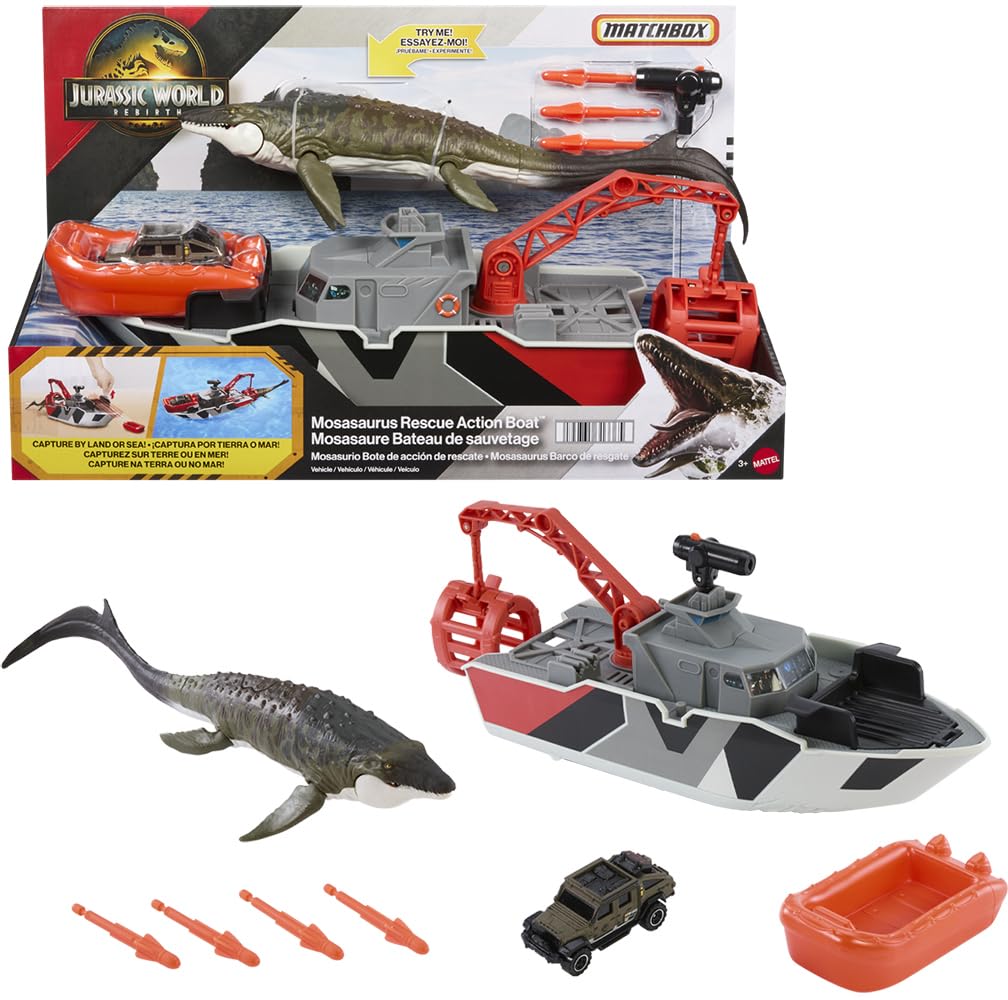Matchbox Jurassic World Mosasaurus Rescue Action Boat cruising on water for adventurous play.