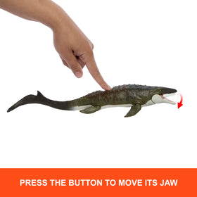 Matchbox Mosasaurus 13-inch figure on board showcasing its moving jaw detail.