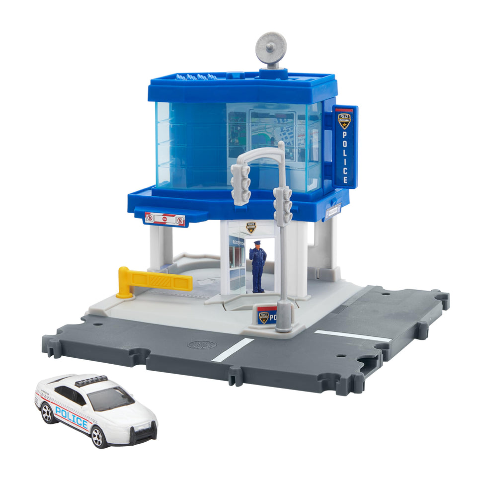 Matchbox Police Traffic Center set showing active play scene for imaginative storytelling.