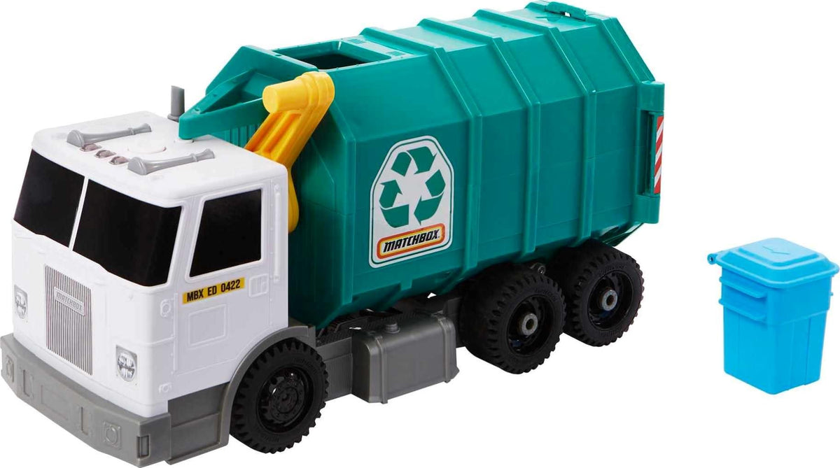 Matchbox recycling truck 15-inch front view with realistic cab details for imaginative play.