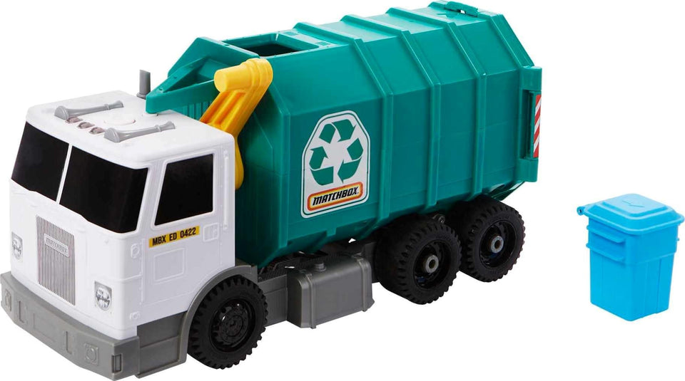 Matchbox recycling truck 15-inch front view with realistic cab details for imaginative play.