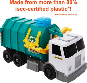 Matchbox recycling truck lights and sounds enhance immersive pretend play.