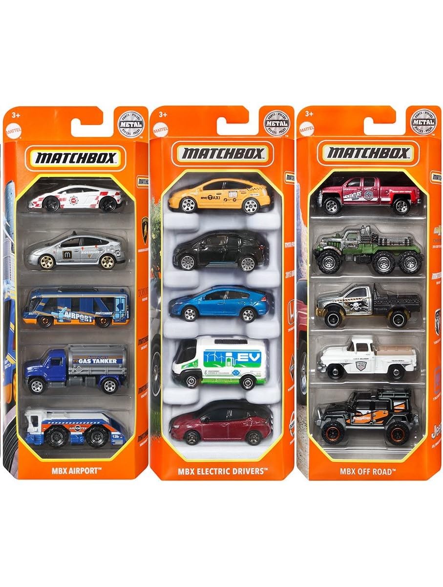 Matchbox three unique 5-packs set showcasing diverse 1:64-scale die-cast models.