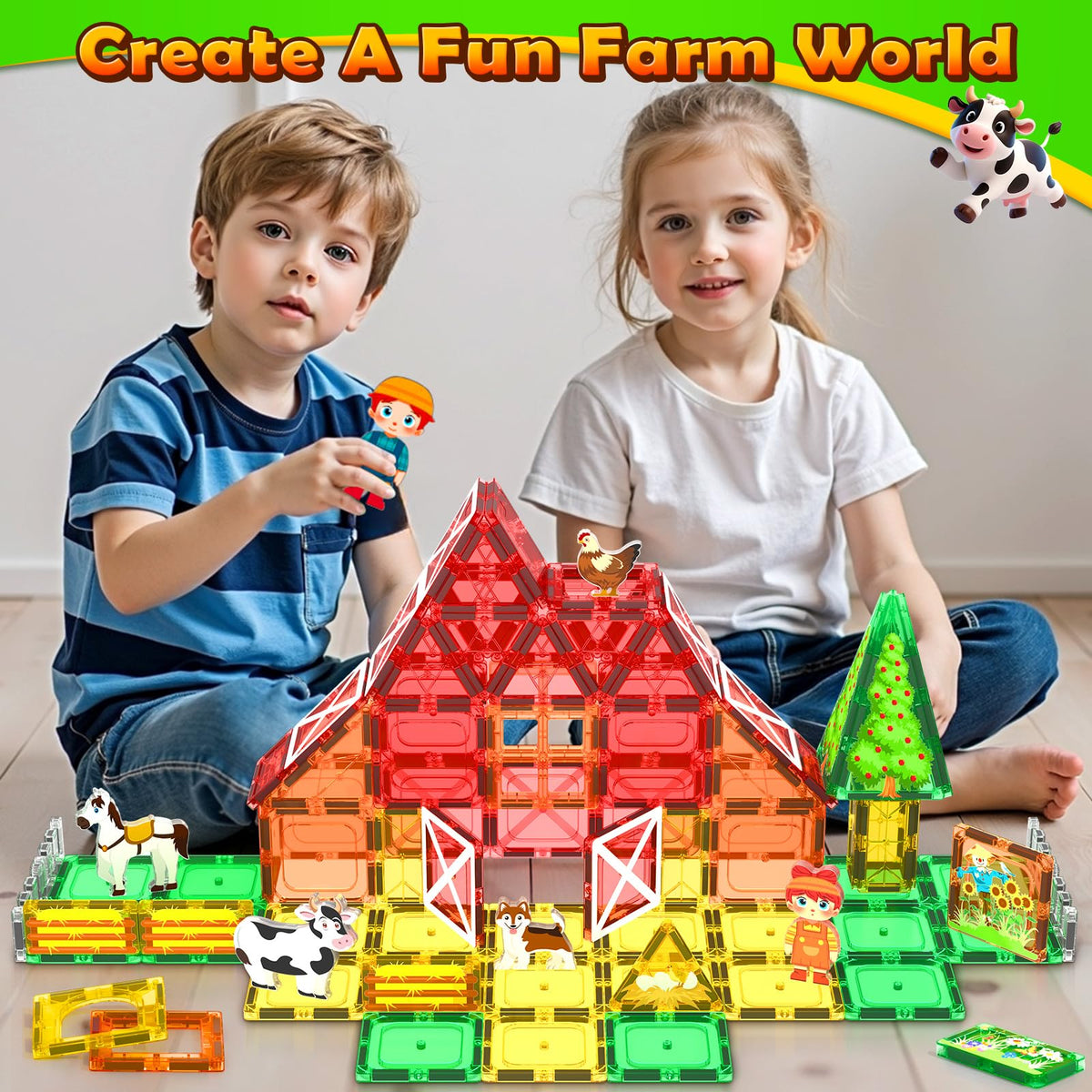 Matchtiles Farm Animals playtime scene emphasizes engaging, imaginative play at home.