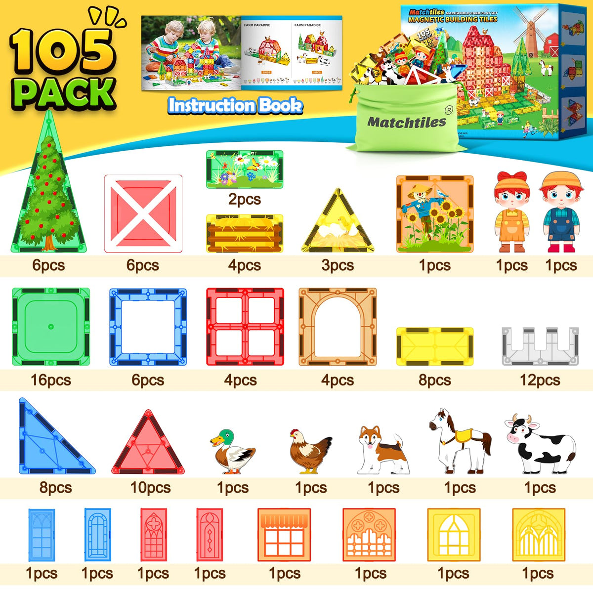 Matchtiles farmers figurines enable interactive farm scenes.