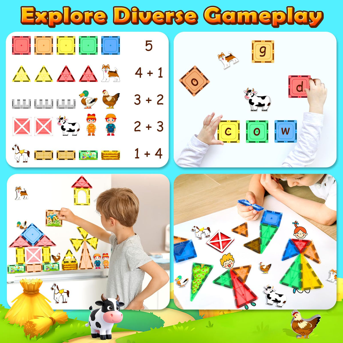 Matchtiles STEM Montessori play builds spatial skills through 3D farm-building.