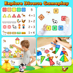 Matchtiles STEM Montessori play builds spatial skills through 3D farm-building.