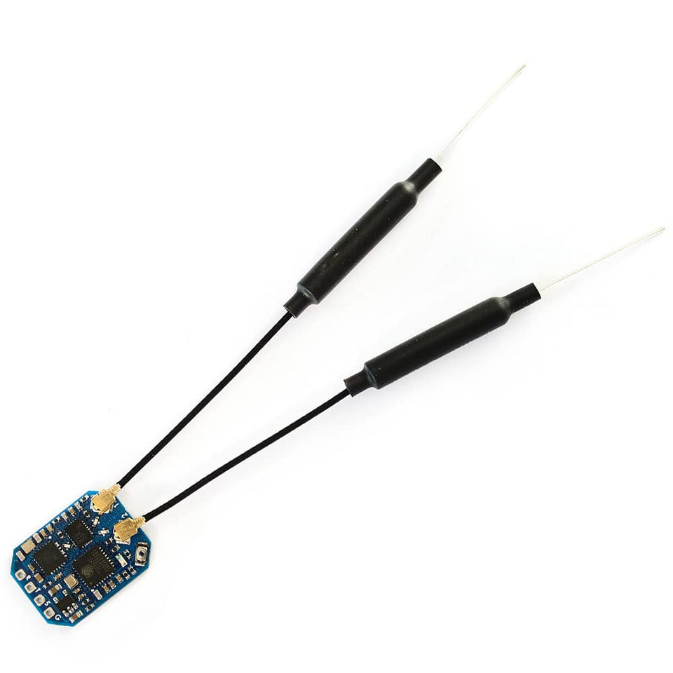 MATEK ExpressLRS ELRS-R24-D receiver top view showing compact footprint for FPV drones.