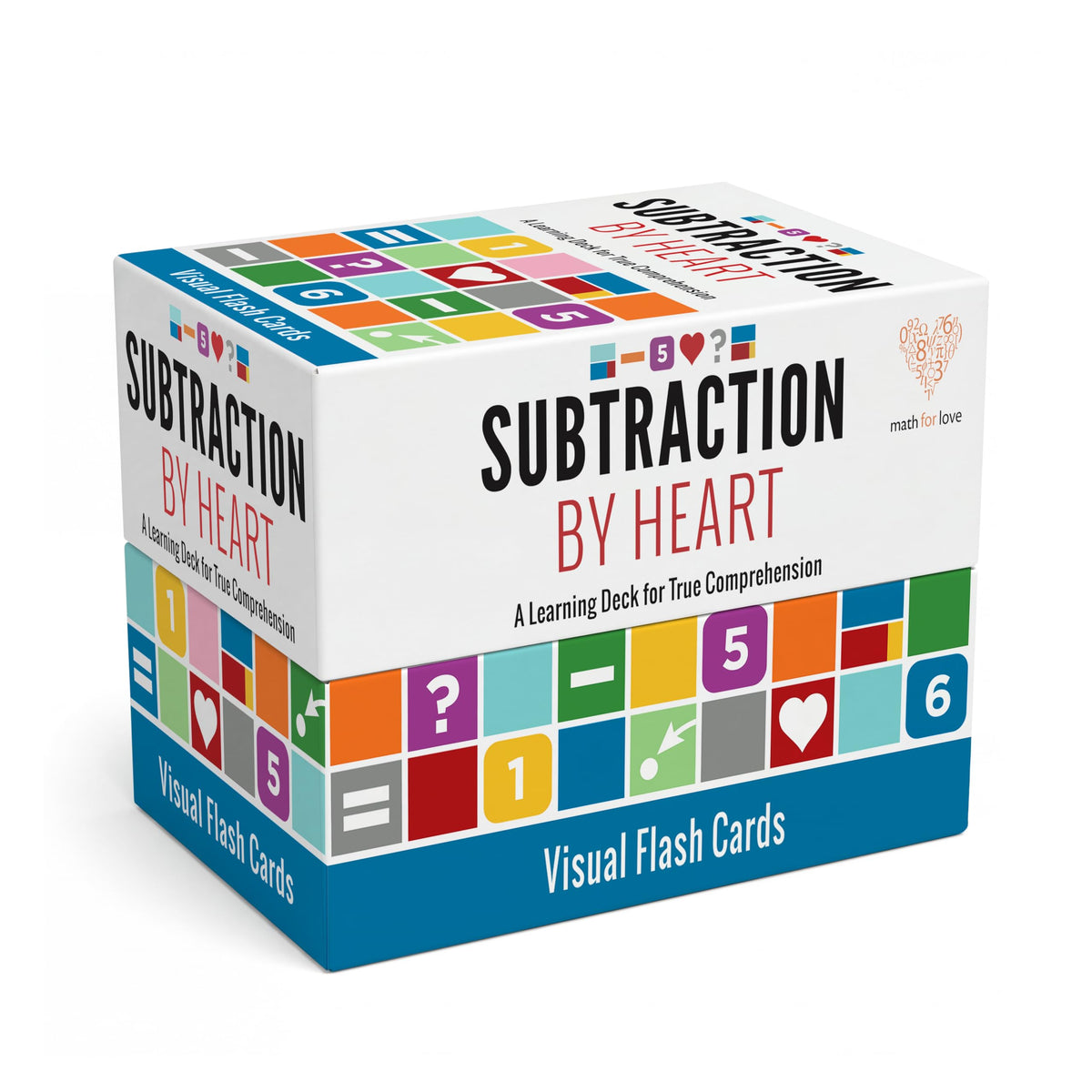 Math for Love Subtraction by Heart flash cards cover with vibrant visuals for quick recall.