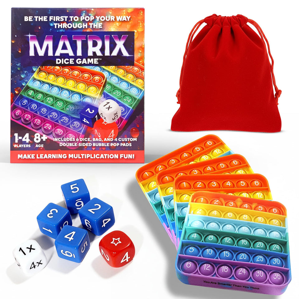 Matrix Dice Game bubble pad and dice set ready for family math challenges.