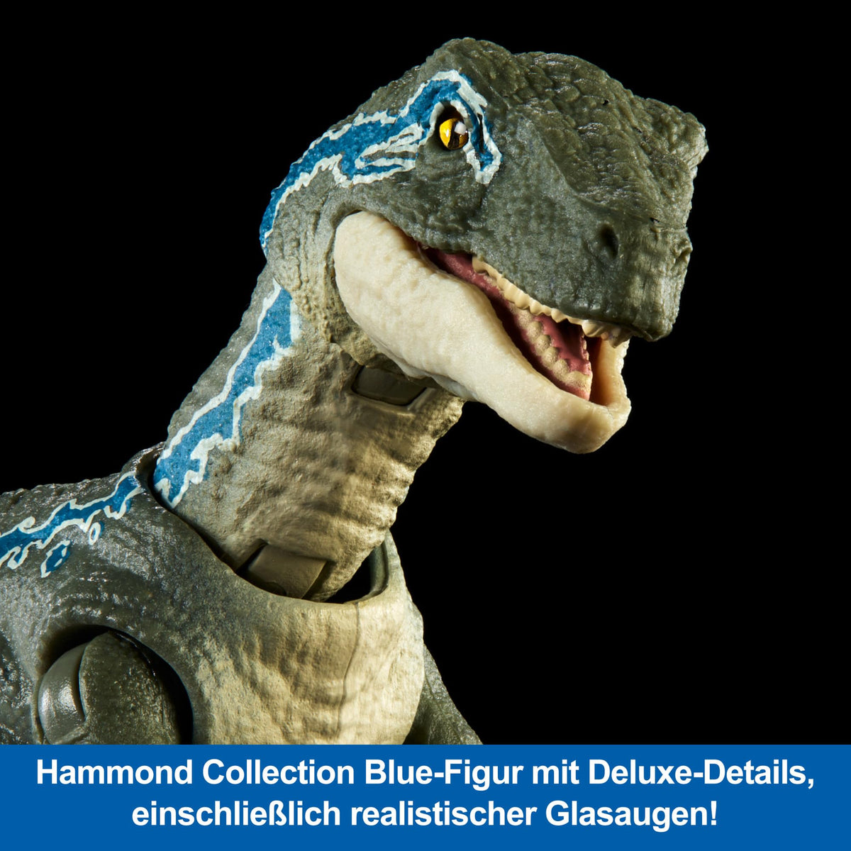Mattel Blue Velociraptor figure with detailed feet for authentic stance.