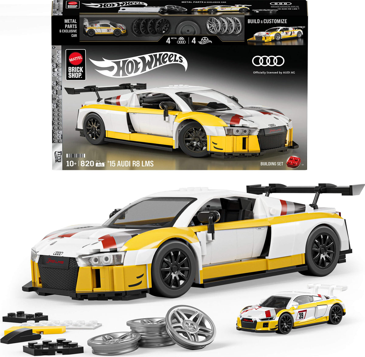 Mattel Brick Shop Audi R8 LMS 1:16 front-angle view with detailed decals for display