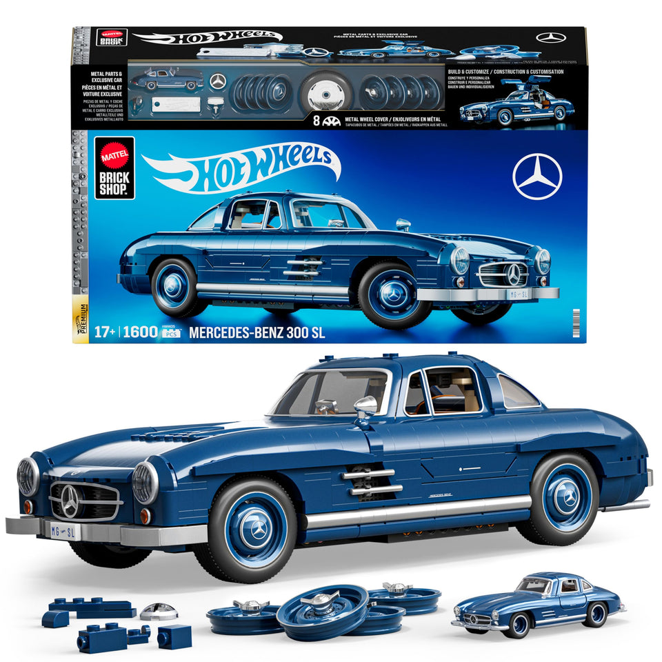 Mattel Brick Shop Hot Wheels Premium Mercedes-Benz 300 SL build showcasing authentic 1:12 scale details.