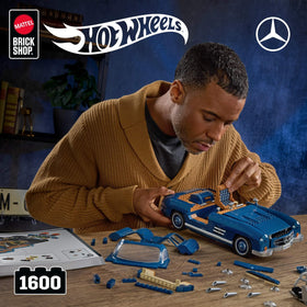 Mattel Brick Shop Mercedes-Benz 300 SL gullwing doors highlighting dramatic opening feature for display.
