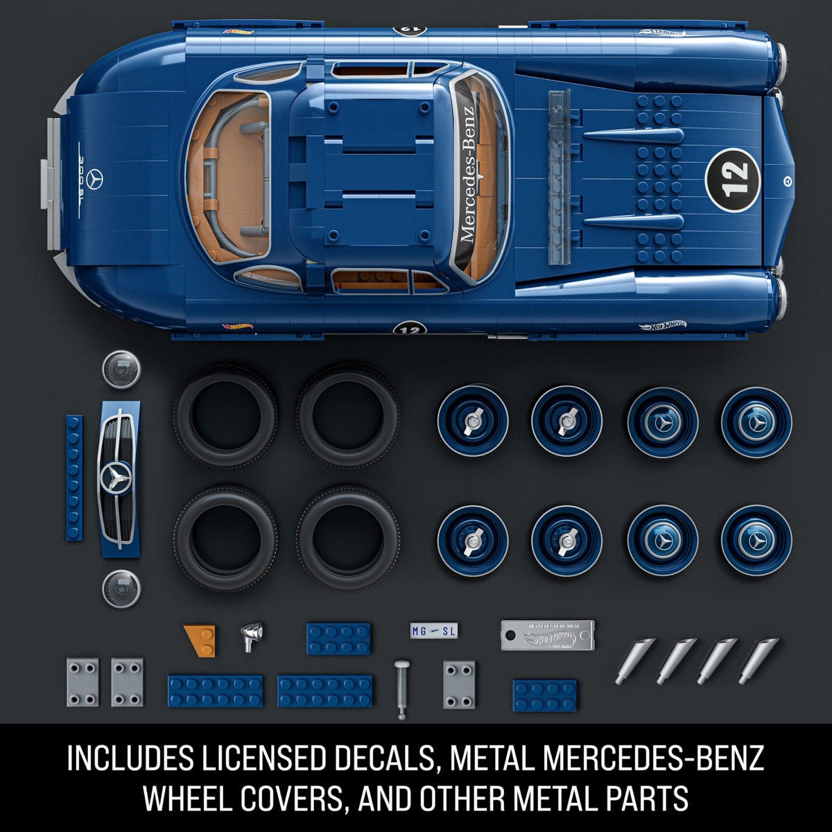 Mattel Brick Shop Mercedes-Benz 300 SL spare tire and chassis details boost realism.