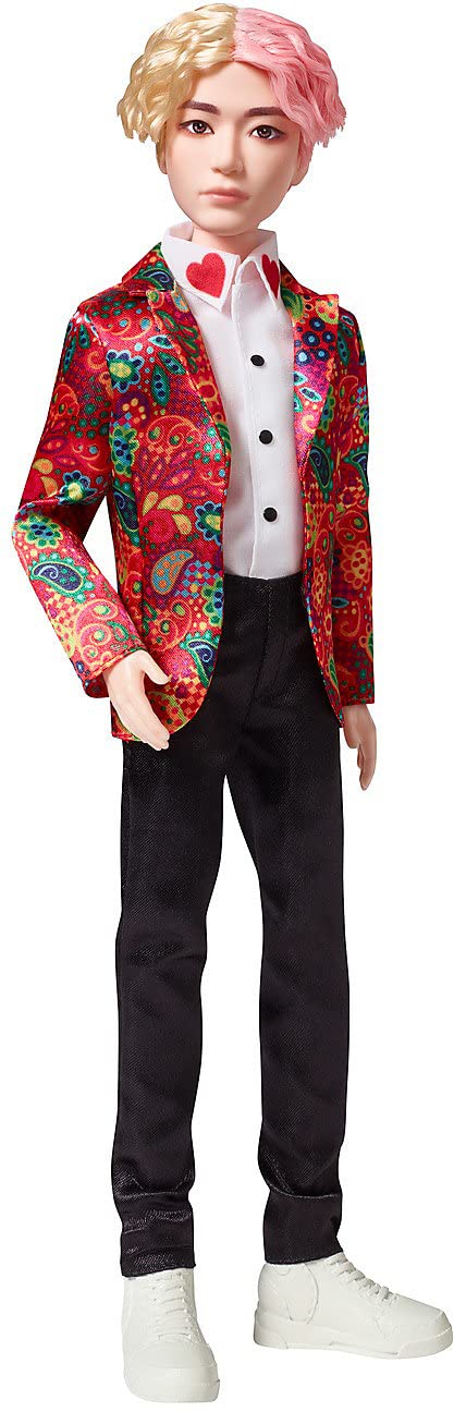 Mattel BTS V doll with rooted hair for authentic styling.