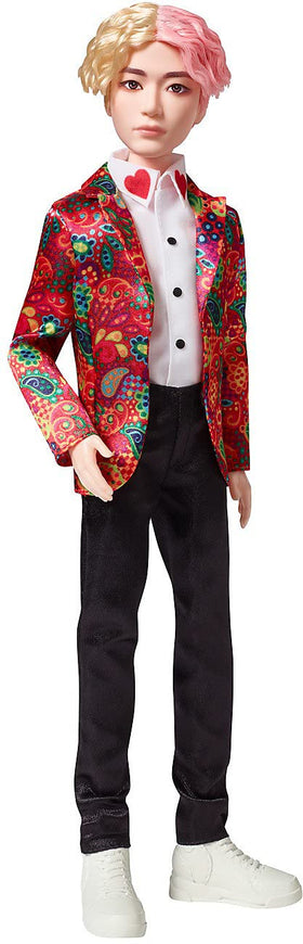 Mattel BTS V doll with rooted hair for authentic styling.