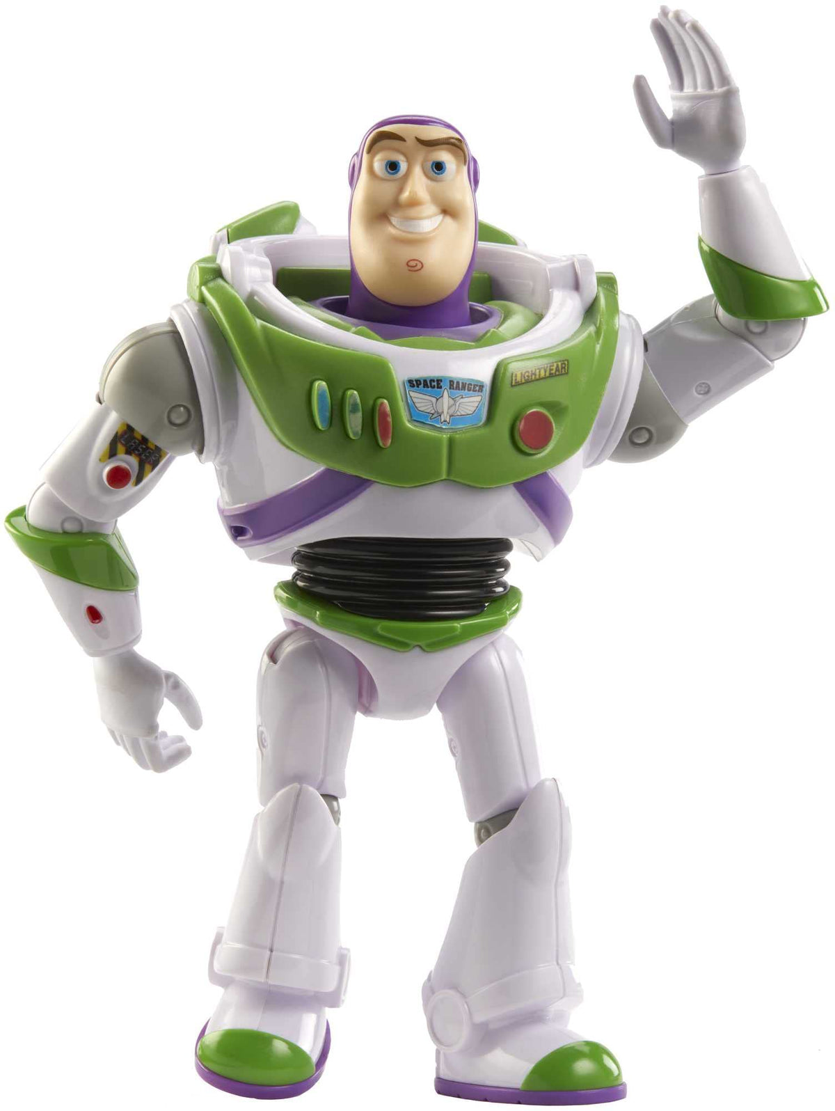 Mattel Buzz Lightyear helmet detail enhances authentic space ranger look.