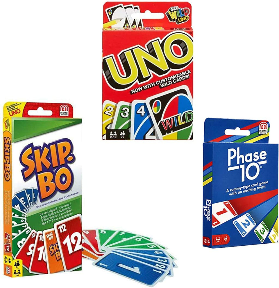 Mattel Card Game Set front box showing Skip-Bo, Uno, Phase 10 for family game night