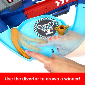 Mattel Cars kid-powered booster launches racers without batteries.