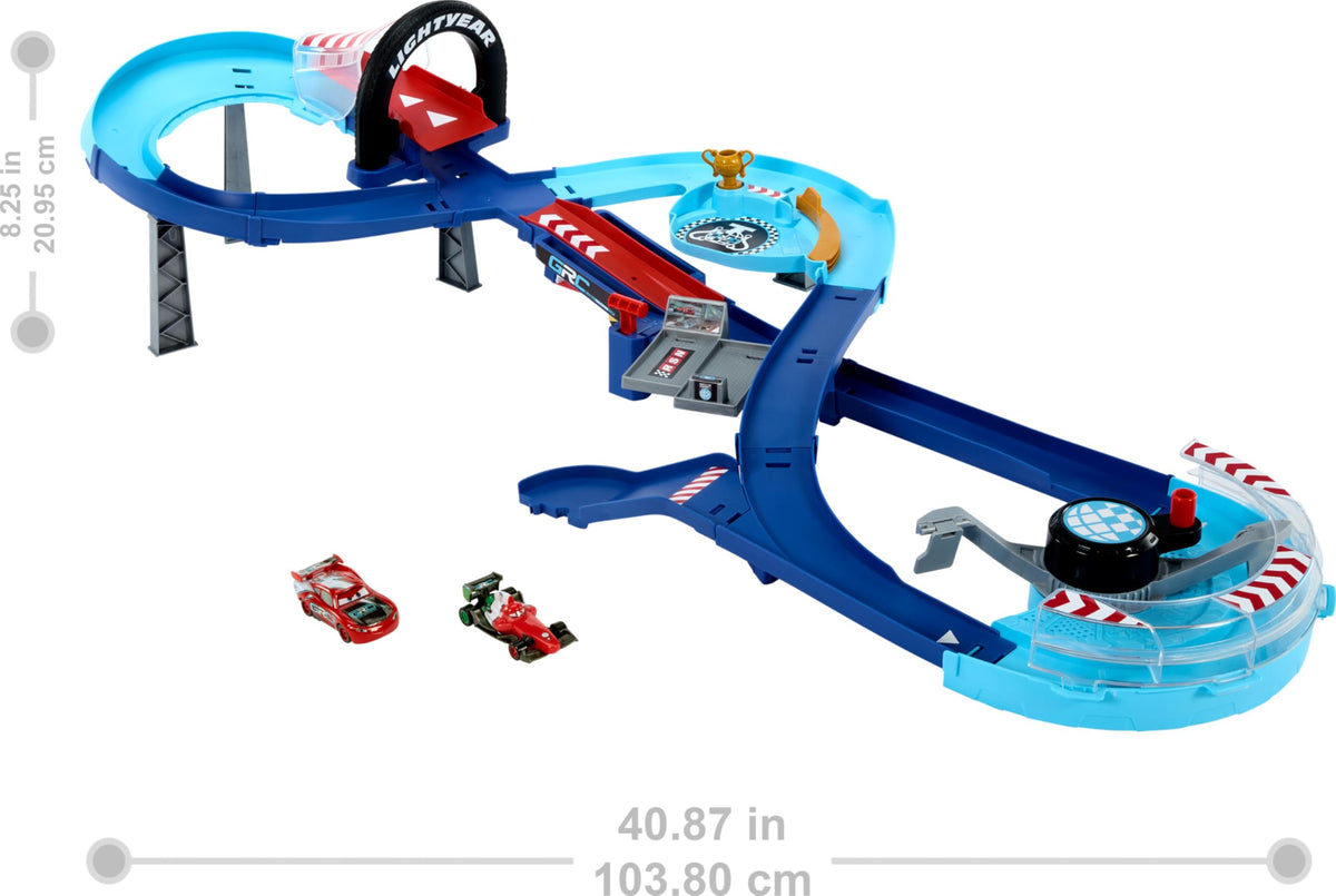Mattel Cars winners circle gate showcases the cup moment.