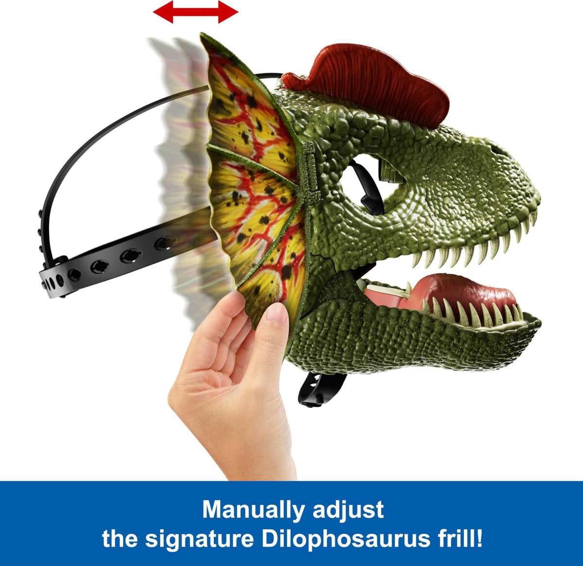 Mattel Dilophosaurus mask with adjustable strap for secure kid wear.