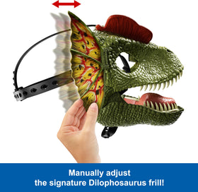 Mattel Dilophosaurus mask with adjustable strap for secure kid wear.