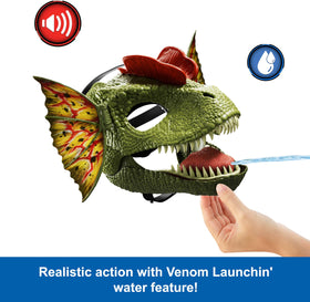 Mattel Dilophosaurus mask with expandable frill creating a dramatic dinosaur silhouette.