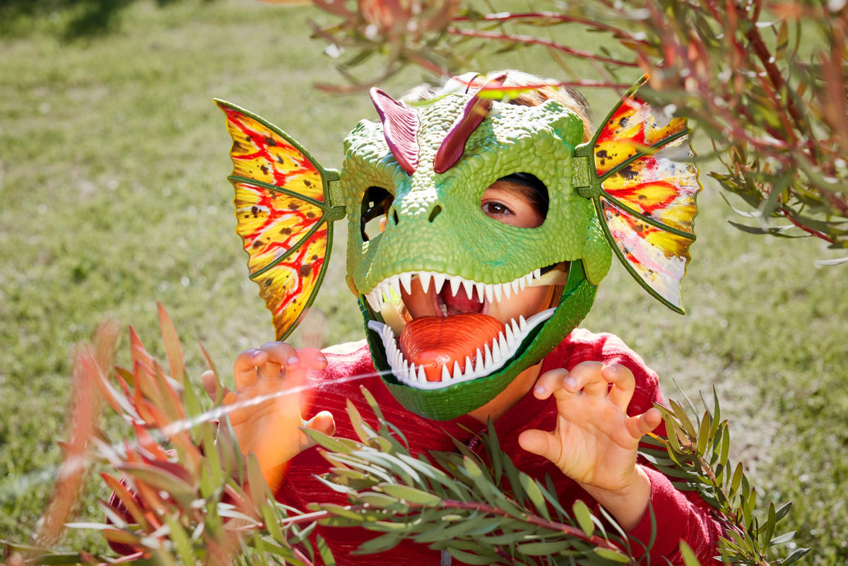 Mattel Dilophosaurus mask with roar sounds for immersive costume fun.
