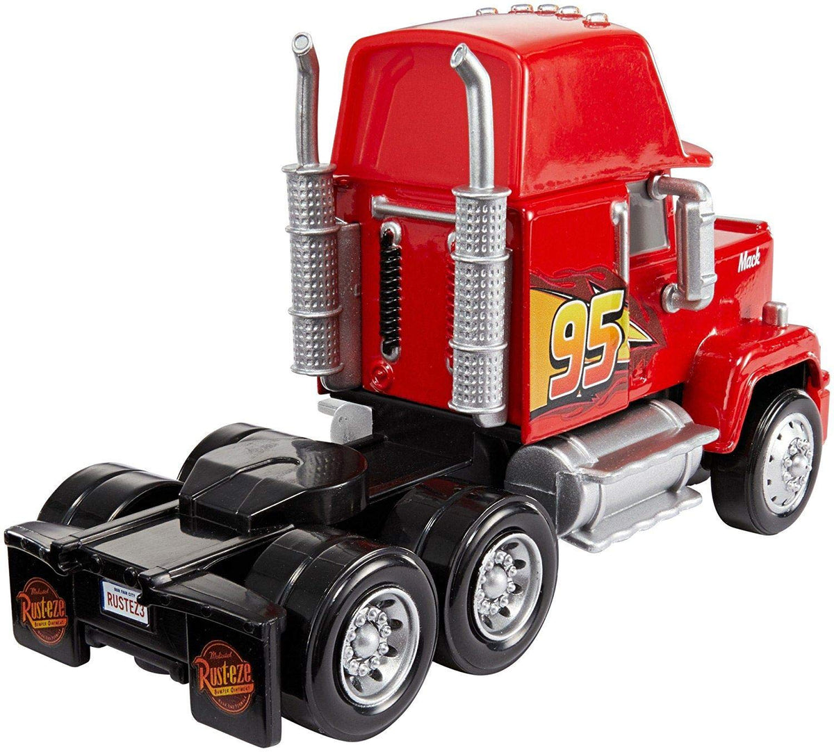 Mattel Disney Cars Deluxe Mack wheels in motion demonstrates moving wheels for racing play.
