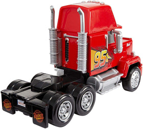 Mattel Disney Cars Deluxe Mack wheels in motion demonstrates moving wheels for racing play.