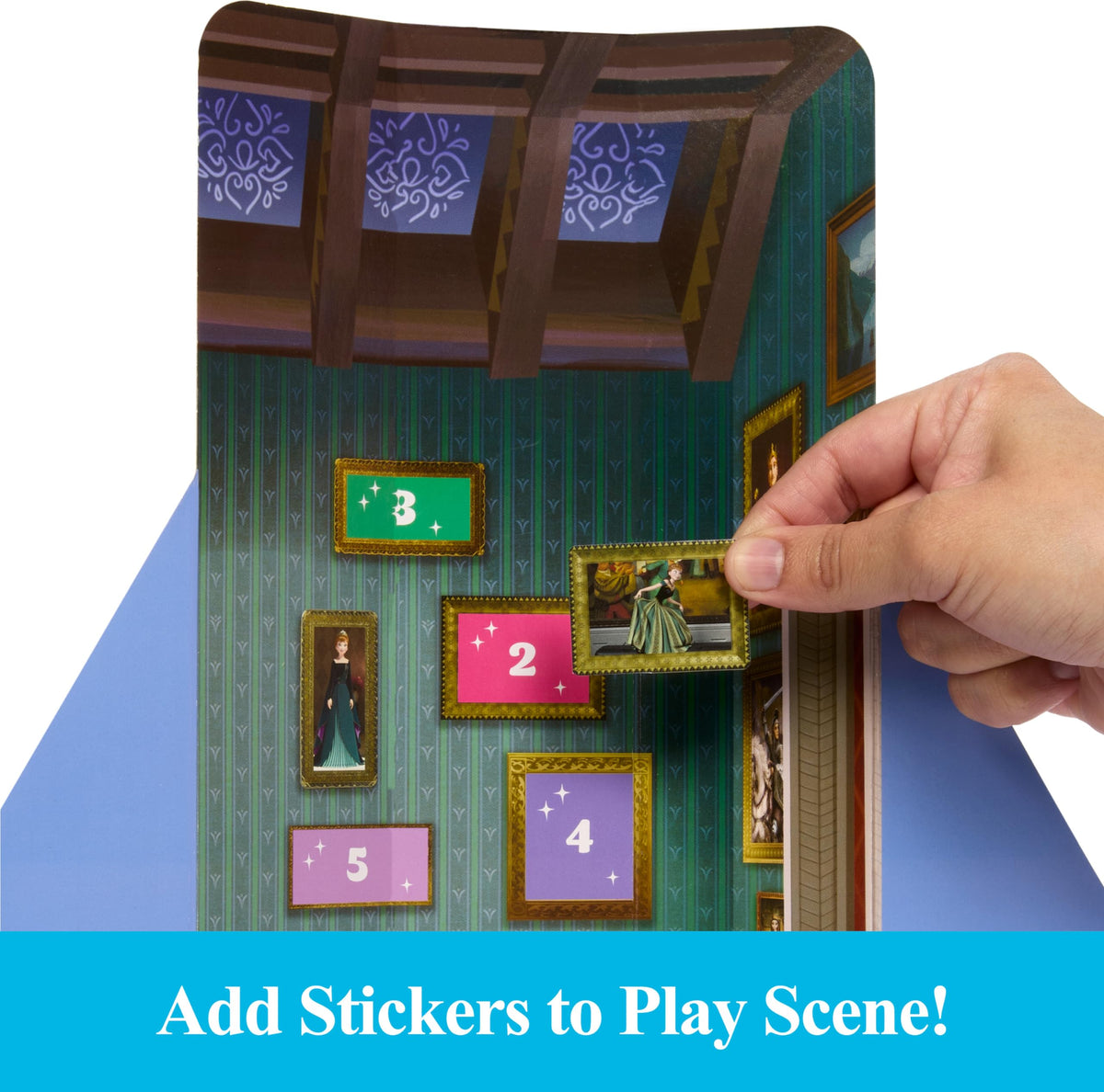 Five stickers decorate the play scene to spark creativity