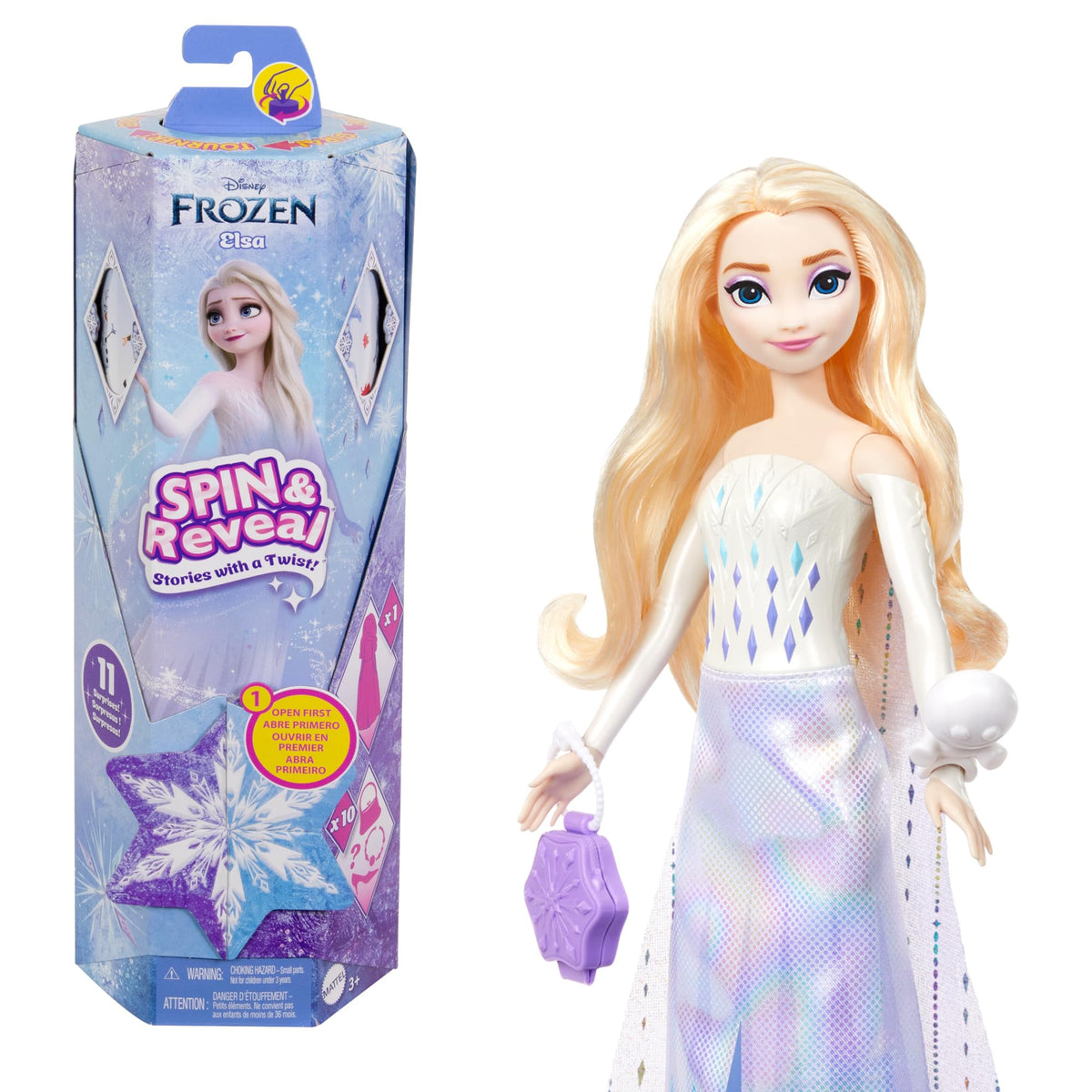 Mattel Disney Frozen Elsa Spin and Reveal snowflake scene sparks imaginative storytelling.