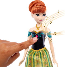 Mattel Disney Frozen singing Anna doll button-press action brings song to life.