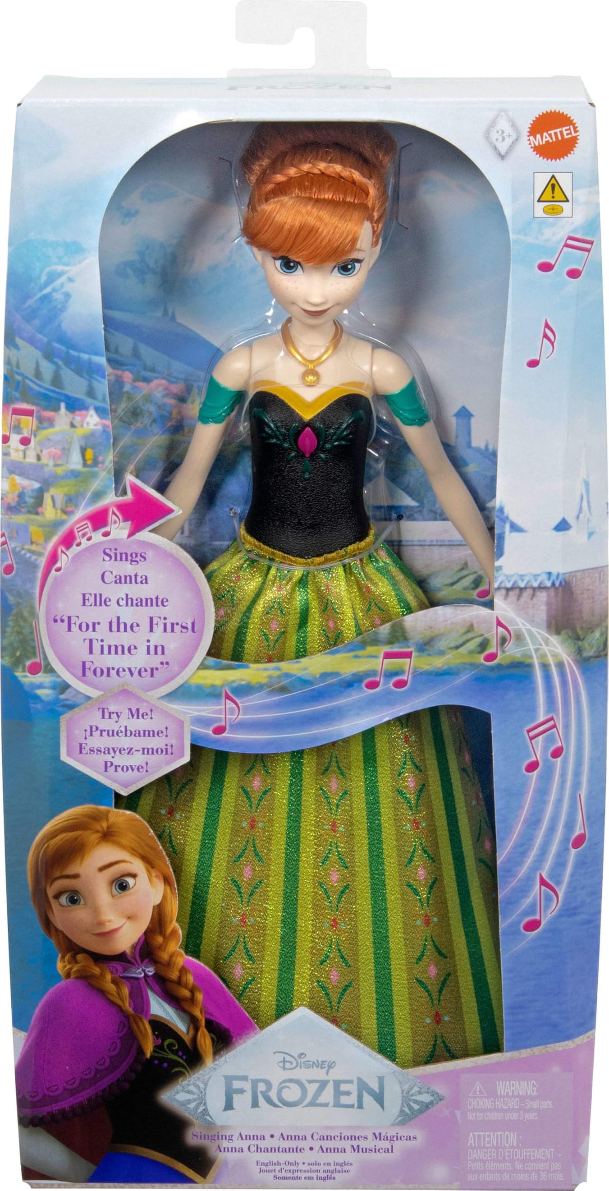 Mattel Anna doll with brushable hair echoes movie-inspired look.