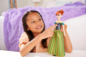 Mattel Anna doll close-up with removable soft skirt highlights authentic hairstyle.