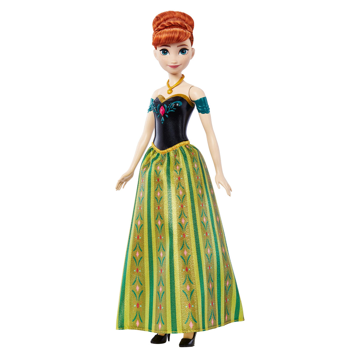 Mattel Disney Frozen Anna doll singing in signature castle outfit boosts imaginative play.