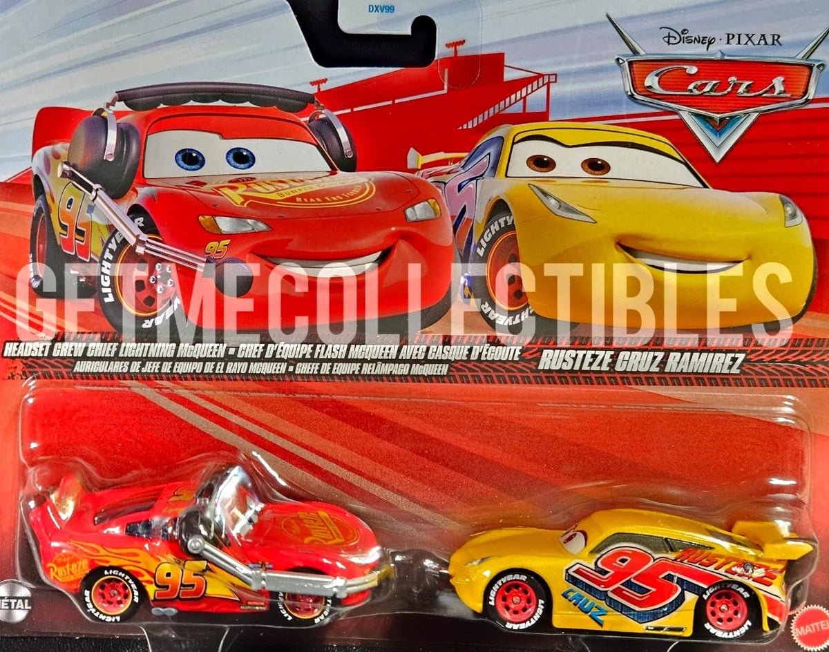 Mattel Disney Pixar Cars 1:55 scale set of 2 vehicles, front view, ideal for play and display.