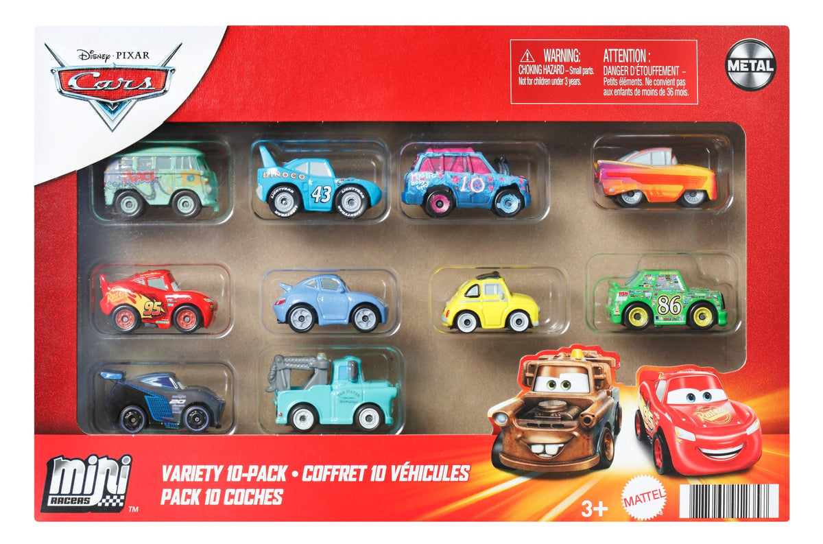 Mattel Disney Pixar Cars 10-pack mini cars displayed for imaginative play and collection.