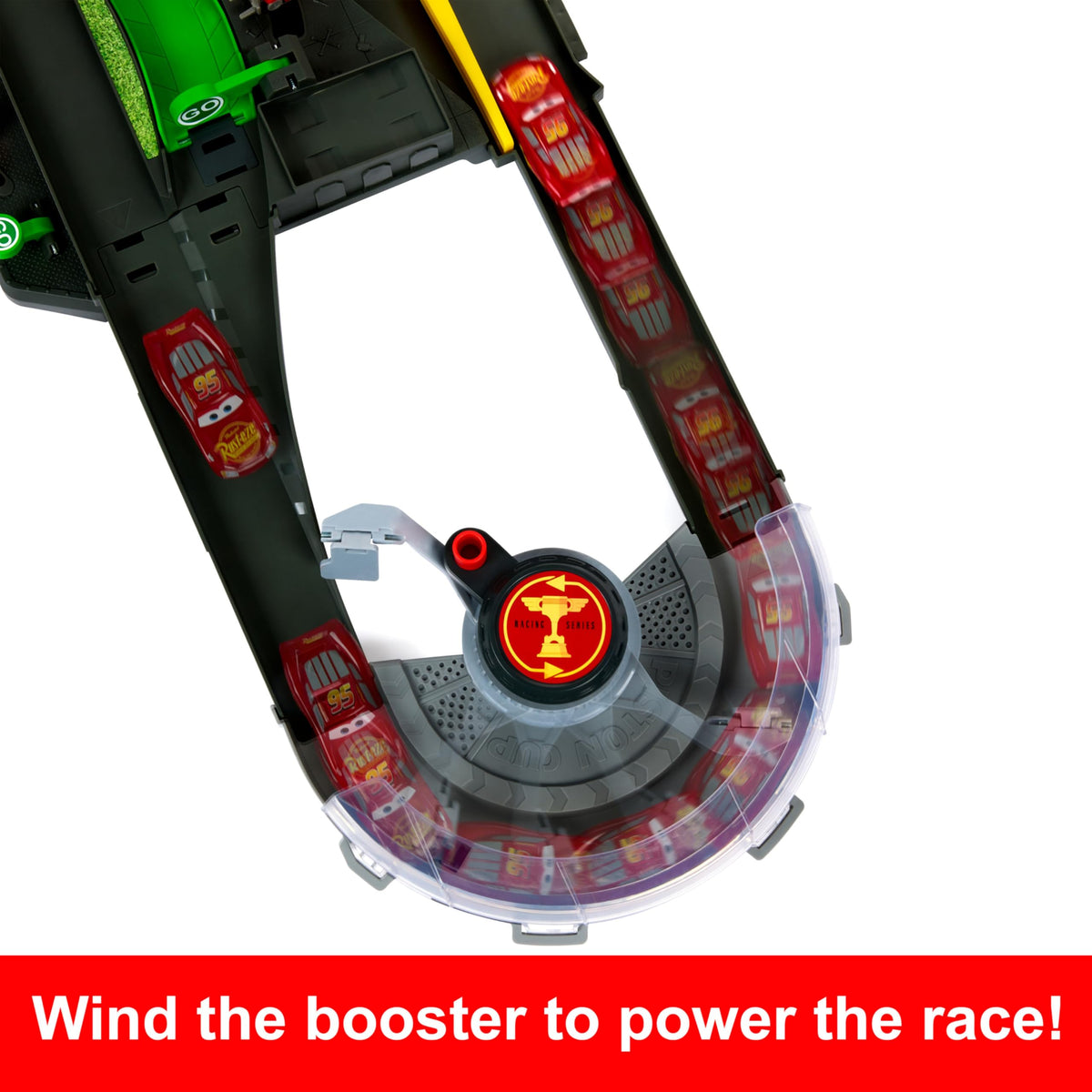 Wind-up booster powers the race without batteries for mess-free fun.