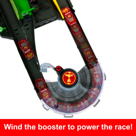 Wind-up booster powers the race without batteries for mess-free fun.