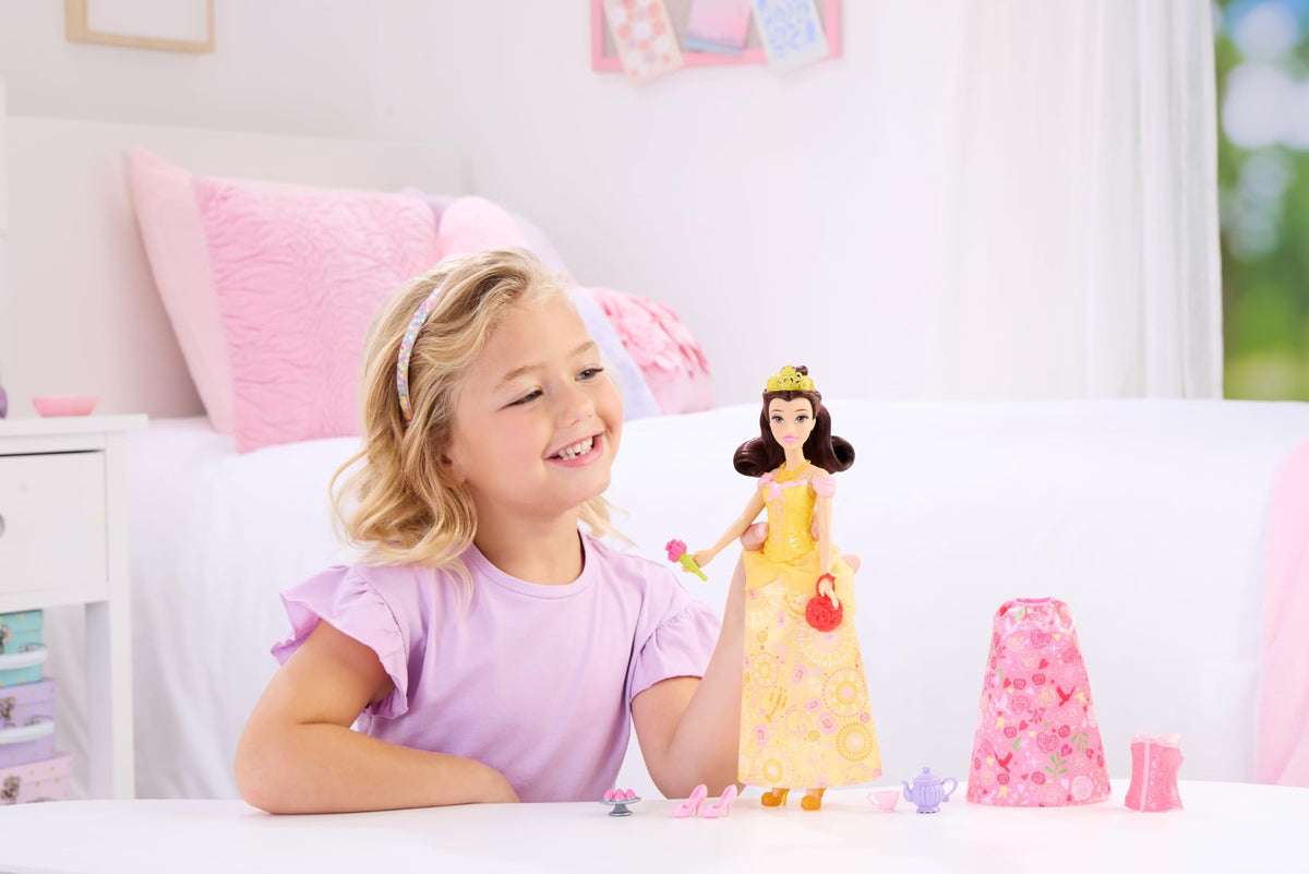 Belle with snap-on bodices for quick outfit changes during storytelling